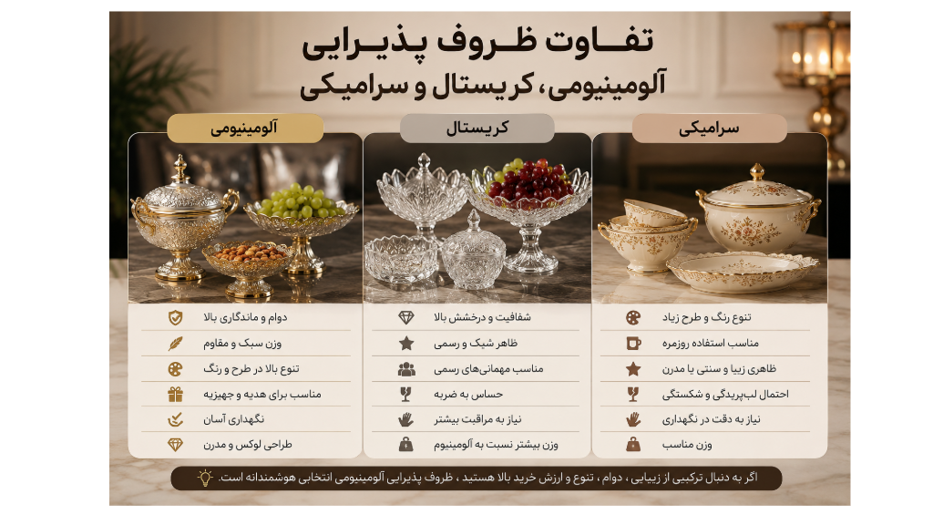 تفاوت ظروف پذیرایی آلومینیومی، کریستال و سرامیکی