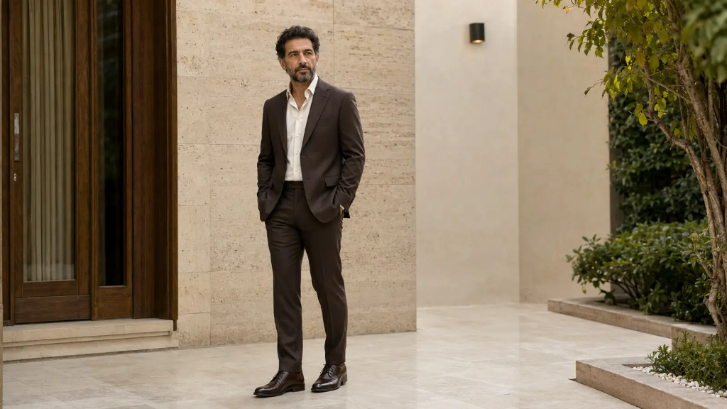 کت‌وشلوار قهوه‌ای مردانه؛ راهنمای انتخاب رنگ و ست‌کردن