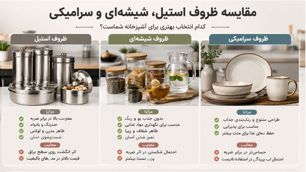 مقایسه ظروف استیل، شیشه‌ای و سرامیکی