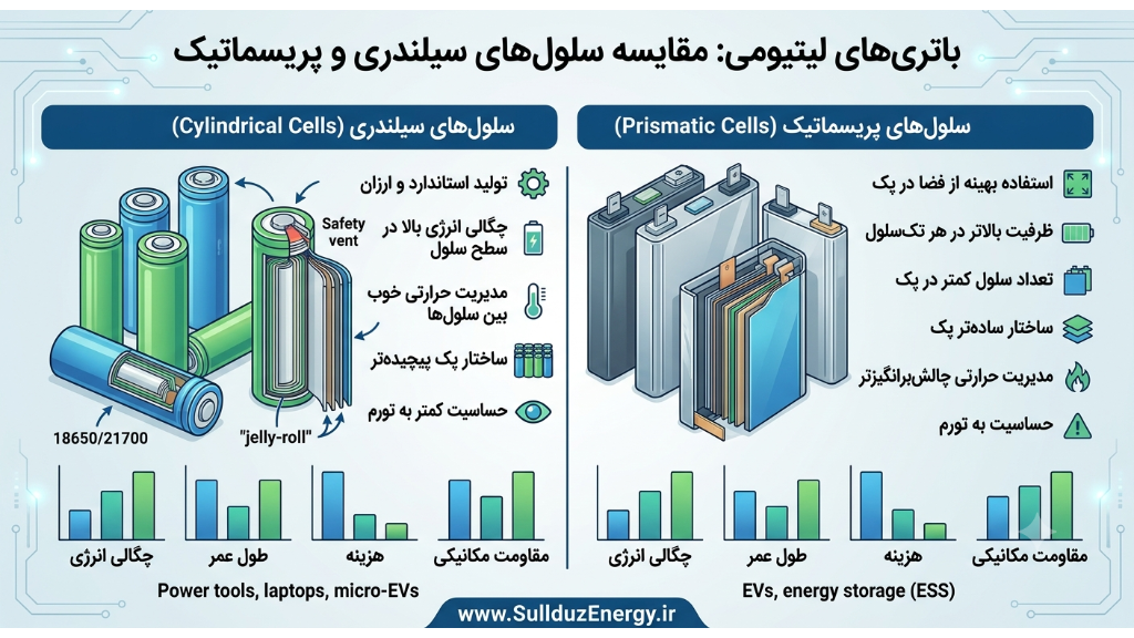 باتریهای لیتیومی: مقایسه سلولهای سیلندری و پریسماتیک