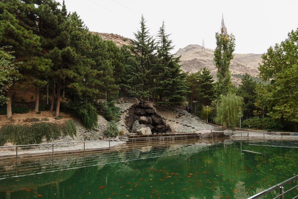 نمایی از استخر و فضای سبز پارک جمشیدیه