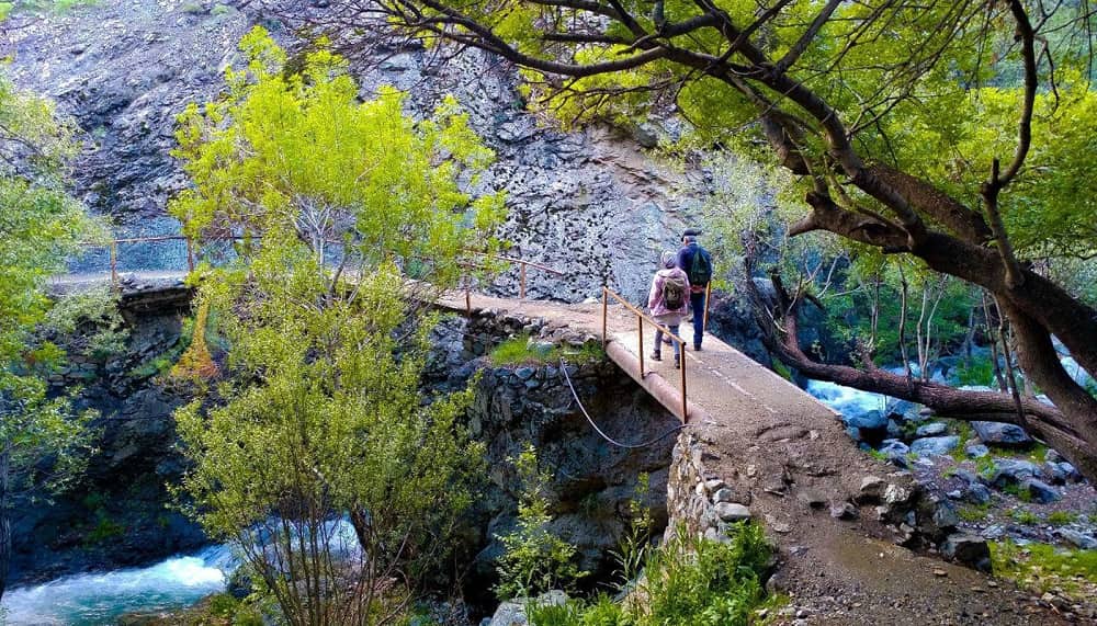 نمایی از پدر و دختری در حال قدم زدن در درکه از جاهای دیدنی شمال تهران
