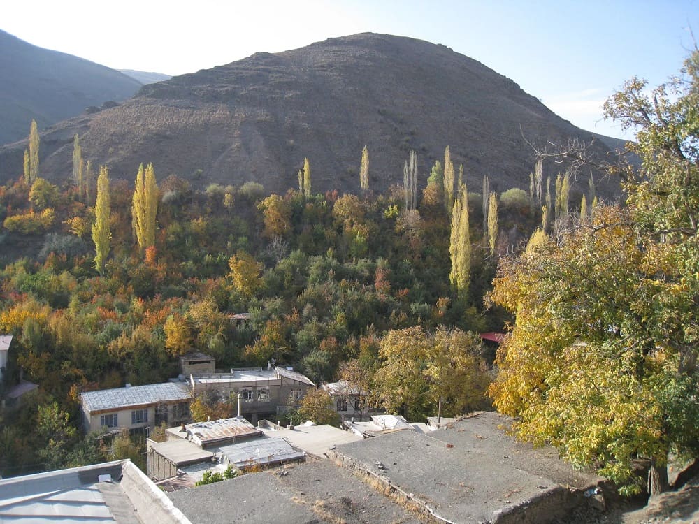 نمایی از درختان سبز و نارنجی روستای زشک در تابستان
