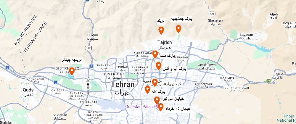 نقشه مکان‌های اصلی پیاده‌روی در تهران