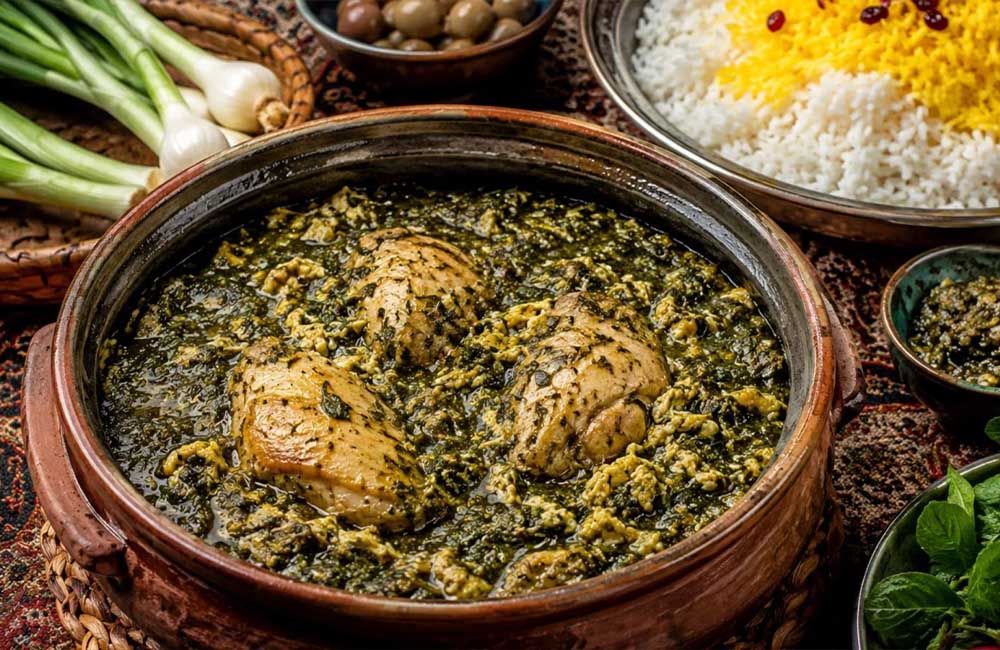 سیر قلیه در ظرف همراه با برنج و مخلفات در کنارش