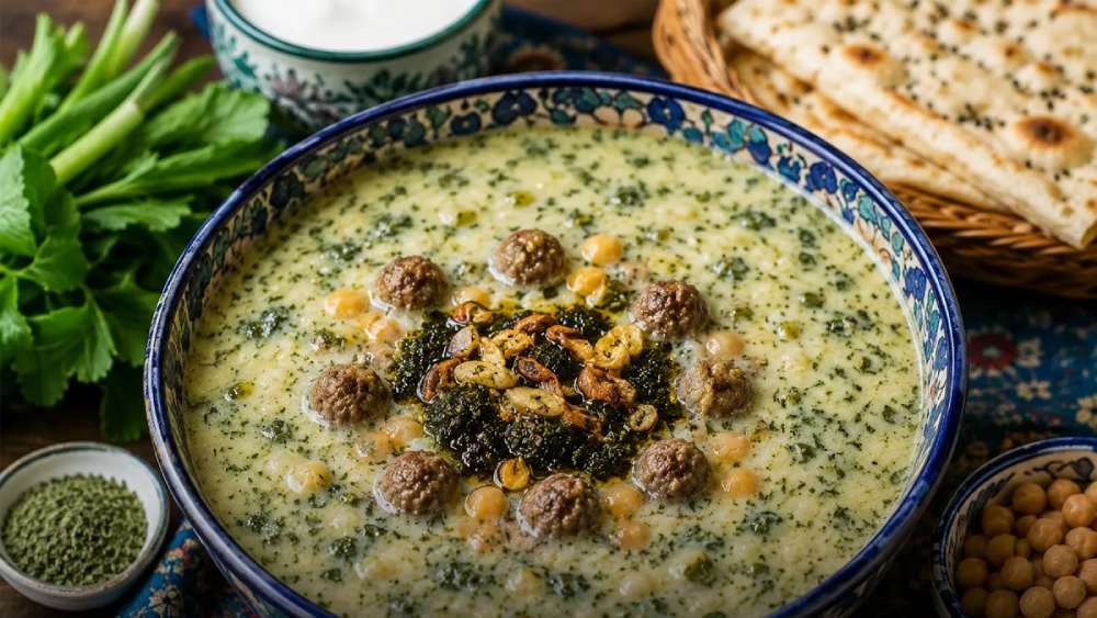 دوپتی آش محلی رامسر با گوشت قلقلی