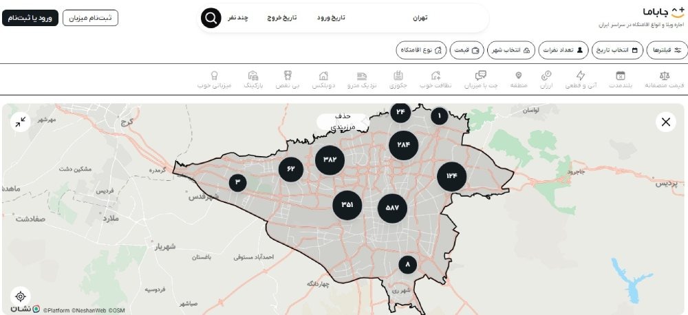 نقشه اقامتگاههای تهران در سایت جاباما