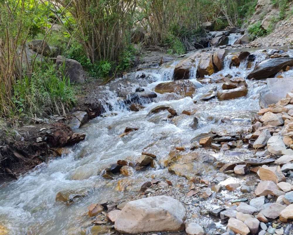 نمای نزدیک رودخانه‌ روستای برگ جهان لواسان با تکه‌های سنگ و پس زمینه درختان سبز