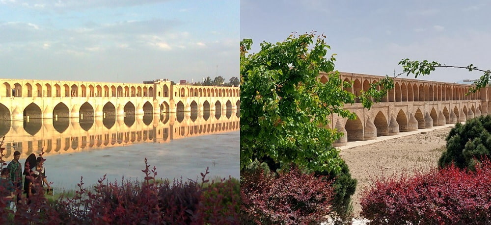 نمایی از زایندهرود اصفهان در زمان پرآبی و بیآبی