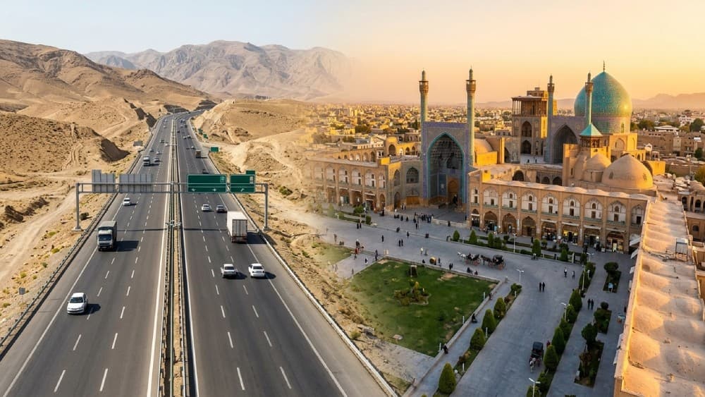 یک کلاژ شامل میدان نقش جهان اصفهان در سمت راست و یک آزادراه در سمت چپ