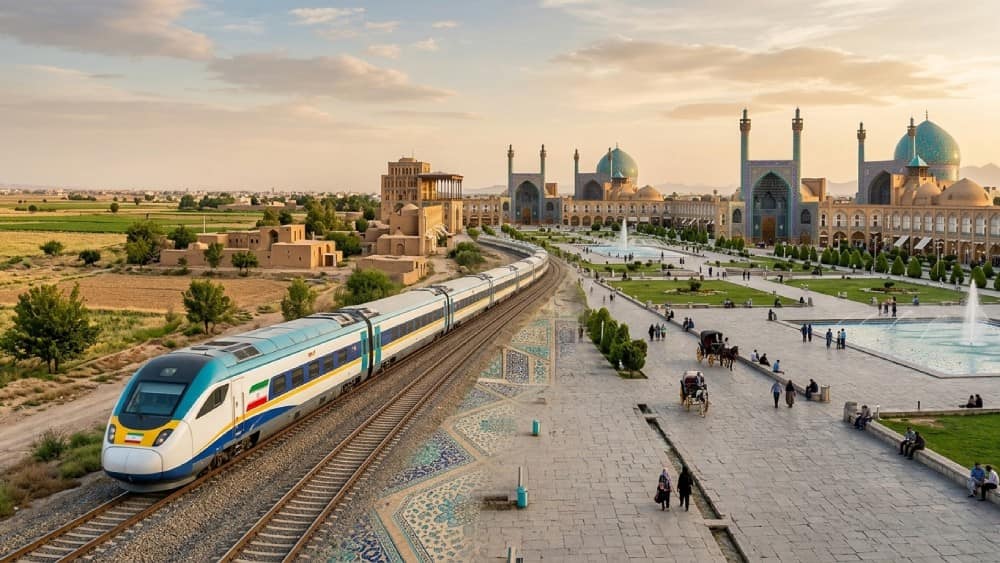 یک کلاژ شامل میدان نقش جهان اصفهان در سمت راست و یک آزادراه در سمت چپ