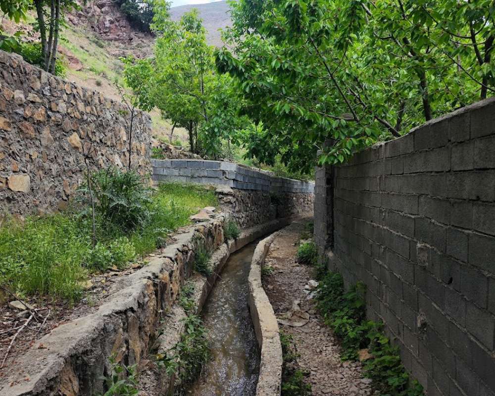 جوی آب در کوچه روستای برگ جهان لواسان انباشته با درختان سبز