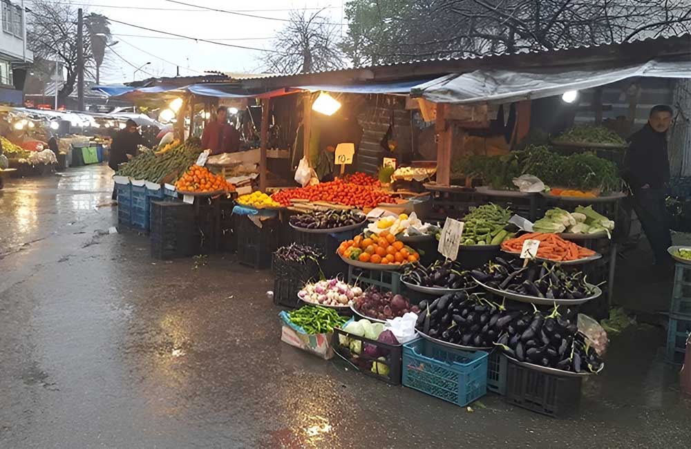 سینیهای میوه در بازار سنتی انزلی در یک روز بارانی