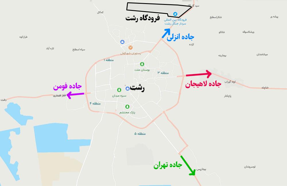 فرودگاه رشت مشخص‌شده روی نقشه شهر