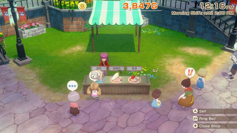 جمعیتی به یک صاحب غرفه خجالتی تبریک میگویند. اسکرینشات از بازی Story of Seasons: Grand Bazaar.