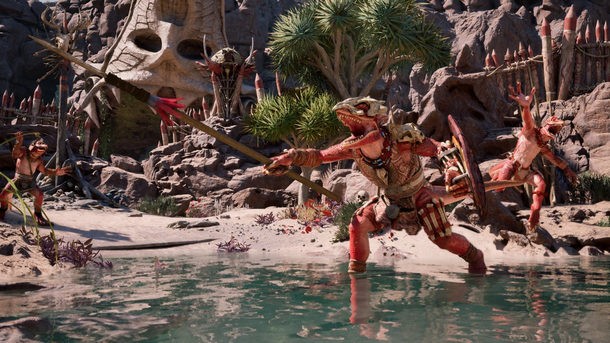 مرد مارمولکی با نیزه در Avowed حمله می‌کند