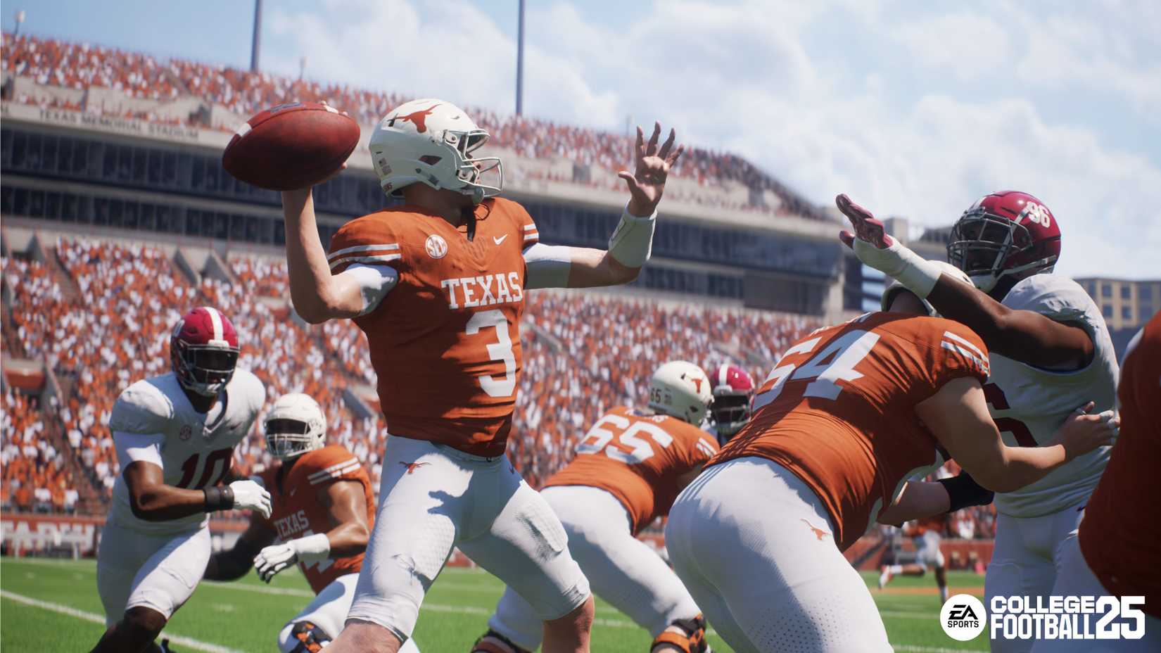 تصویری از EA Sports College Football 25 که بازیکن تیم Texas Longhorns را در حال پاس دادن نشان می‌دهد، در حالی که هم‌تیمی‌هایش بازیکن حریف را مسدود می‌کنند