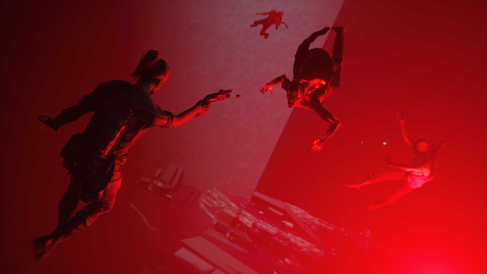 زنی که در هوا معلق است در اتاق قرمز به هیولایی در بازی Control شلیک می‌کند