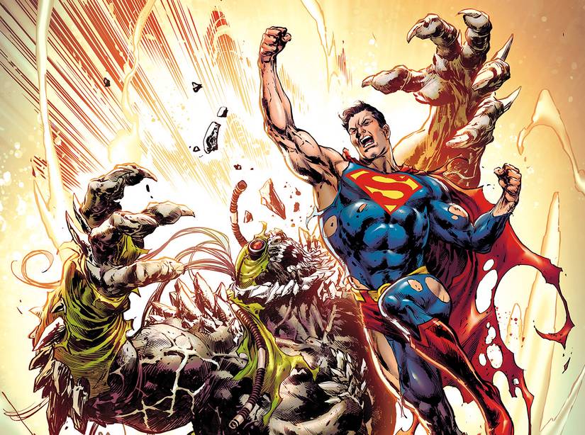 سوپرمن پاره‌پاره با یک آپرکات به دومزدی ضربه می‌زند در یک جلد متغیر برای نسخه لوکس سی‌امین سالگرد مرگ سوپرمن (۲۰۲۲).