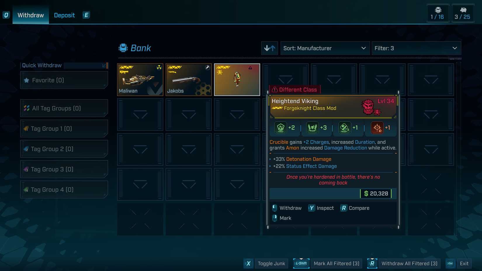 یک اسکرین‌شات از بازی Borderlands 4 که منوی بانک و سه سلاح افسانه‌ای درون آن را نشان می‌دهد
