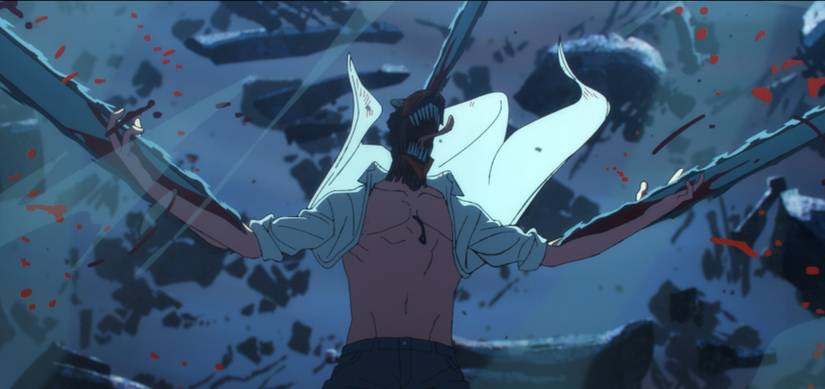 صحنه‌ای از تریلر فیلم Chainsaw Man: Reze Arc که Chainsaw Man در حال بریدن در یک گردباد ویرانی است