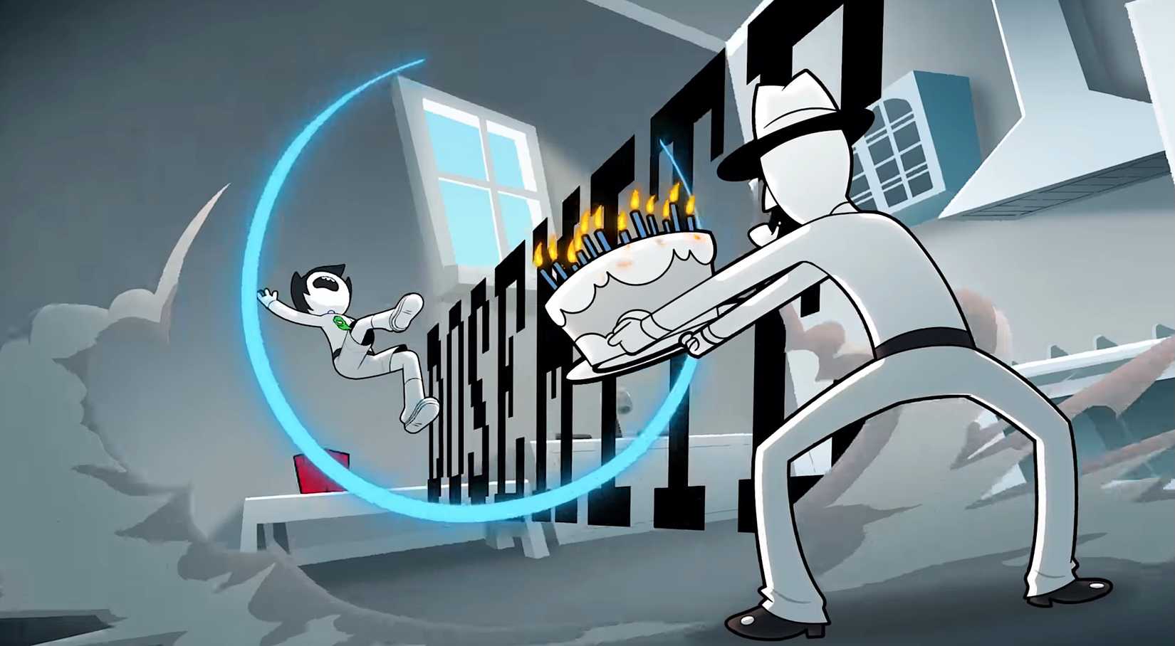 پدر جان او را با یک کیک تولد به هوا پرتاب می‌کند در لحظه‌ای از پایلوت انیمیشن تلویزیونی Homestuck