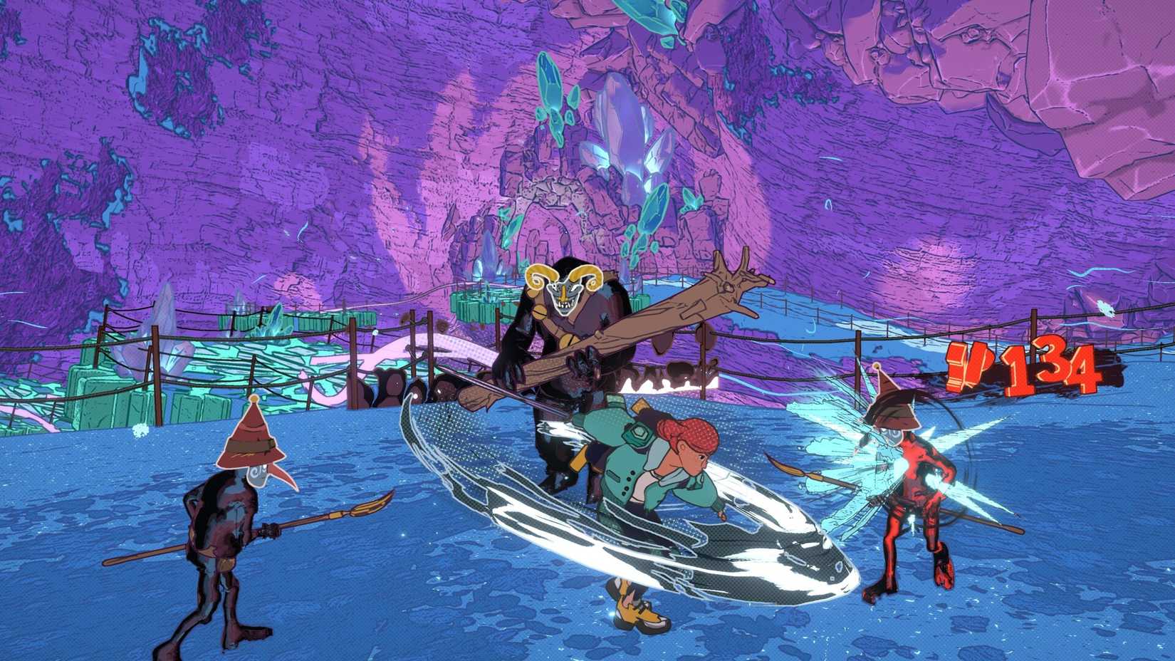 یک دشت سبز پر از گل‌های آبی. یک انسان جوان گروهی از کالی‌کرن‌ها، موجوداتی با پوست قهوه‌ای و سفید را هدایت می‌کند. اسکرین‌شات از Herdling.