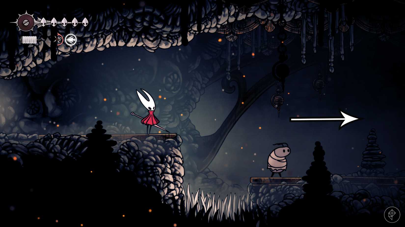دو فلش به سمت یک Volatile Flintbeetle در بازی Hollow Knight: Silksong.