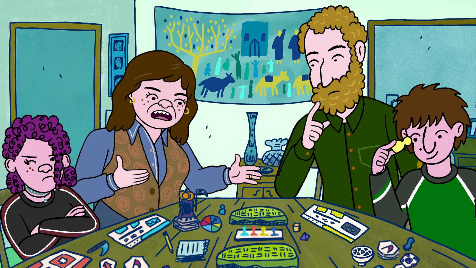 یک خانواده چهار نفره که در حال فریاد زدن بر سر یکدیگر در بازی تخته‌ای در Long Story Short هستند