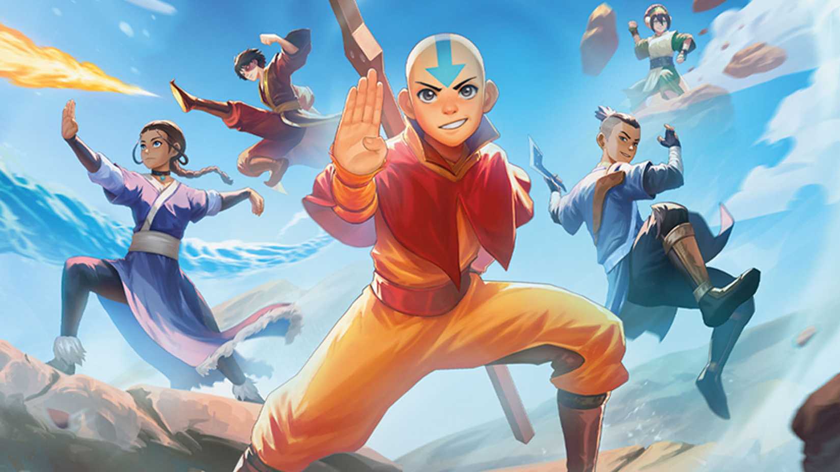 یک اثر هنری رسمی از Magic: the Gathering از مجموعه Avatar: the Last Airbender که تمام شخصیت‌های اصلی از سریال انیمیشنی اصلی را نشان می‌دهد.