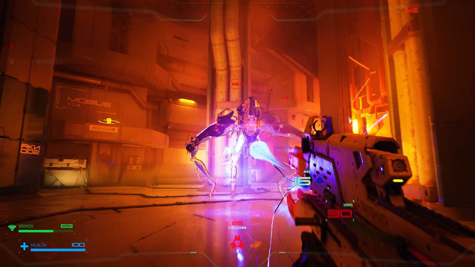 آسکا به یک عنکبوت ربات غول‌پیکر در Metal Eden شلیک می‌کند