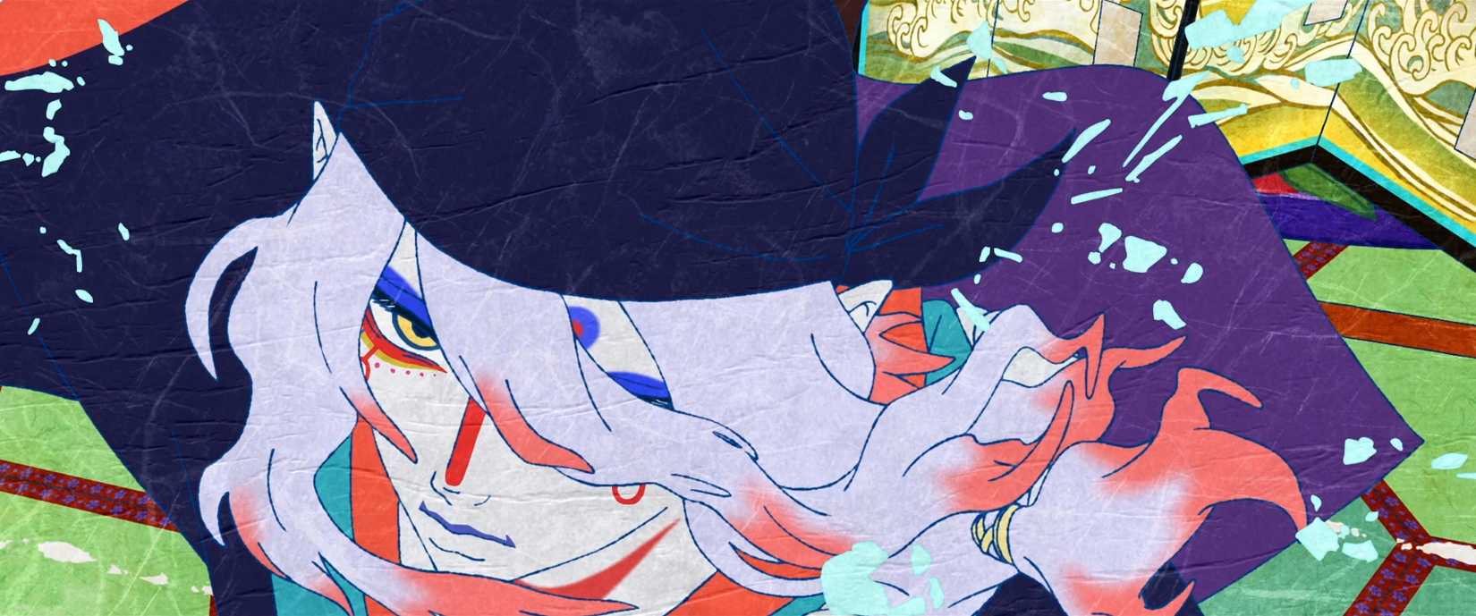 مردی رنگ پریده با چشمان طلایی و موی سفید به جلو می‌دود. از Mononoke: The Ashes of Rage در نتفلیکس.