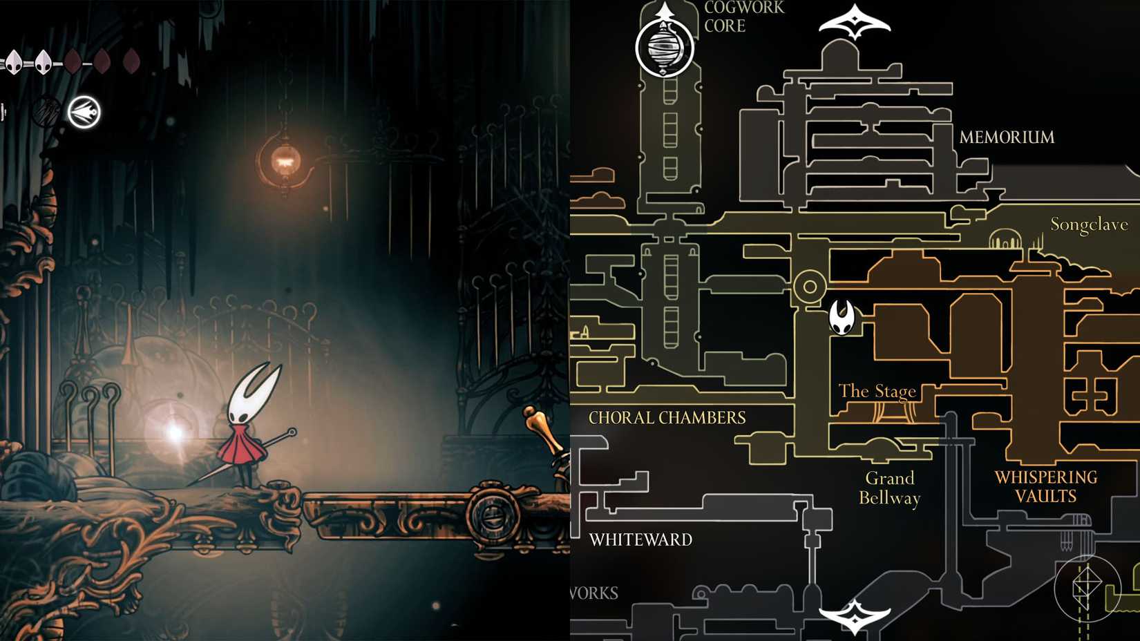 هورنت در کنار مکان روغن رنگ‌پریده در فروشگاه سوزن در تالارهای کرال در Silksong.