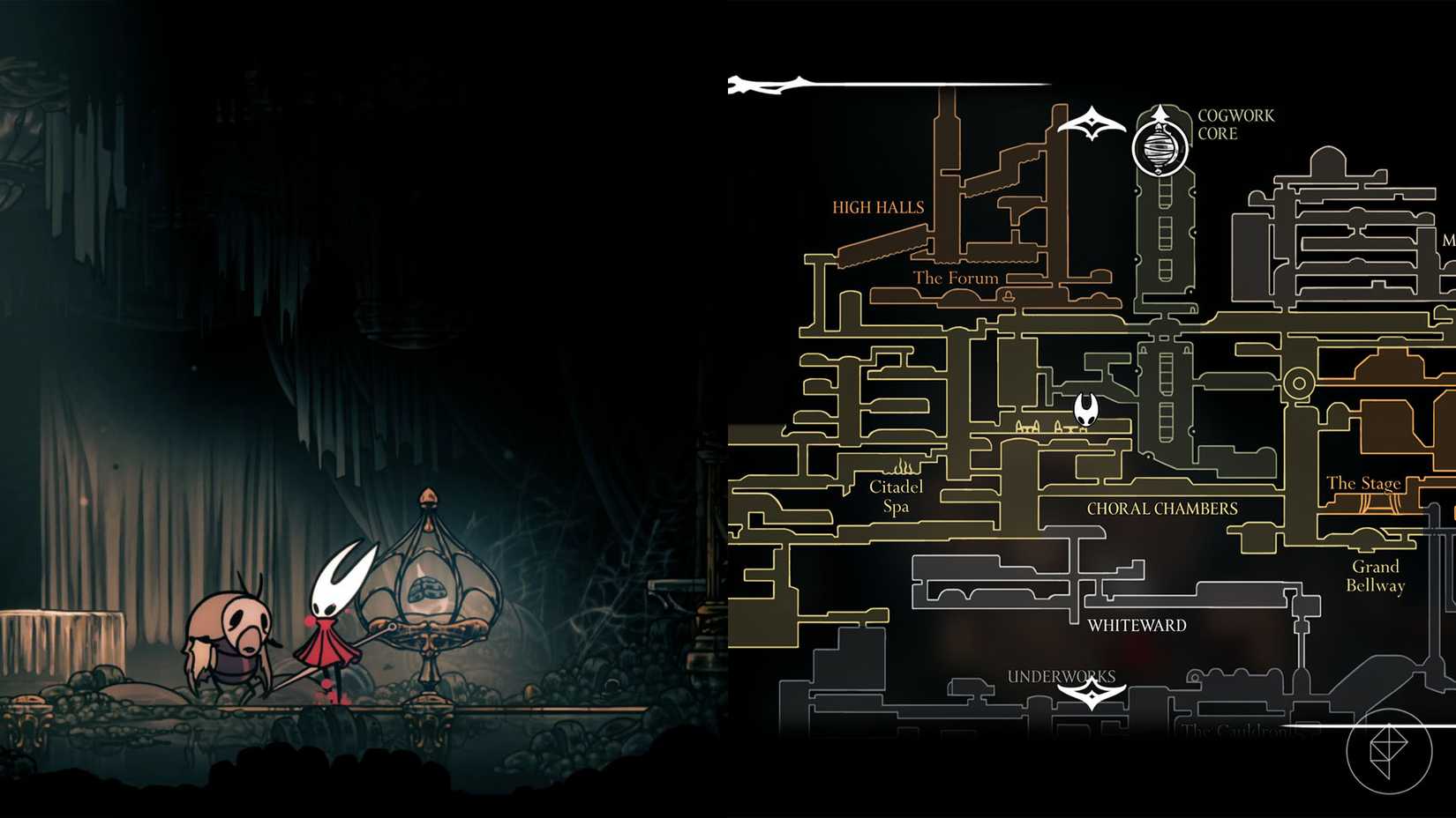 هورنت در کنار لویال مرگوین در چورال چمبرز در Silksong ایستاده است.