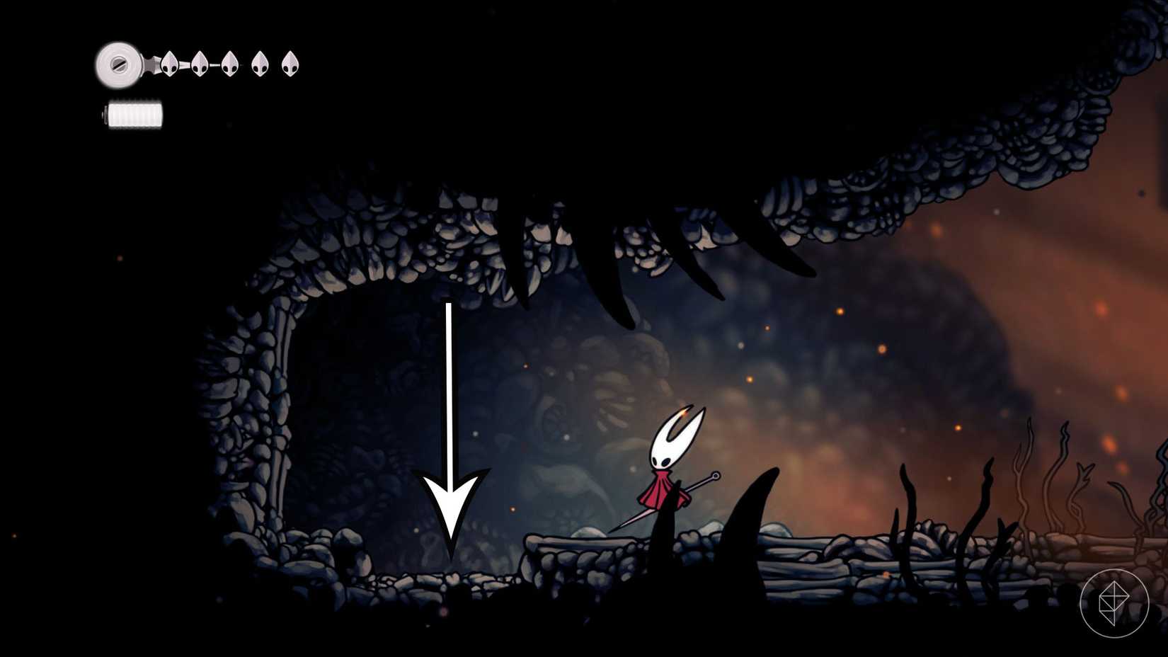 یک فلش به سمت کفپوش شل در بازی Hollow Knight: Silksong اشاره می‌کند.
