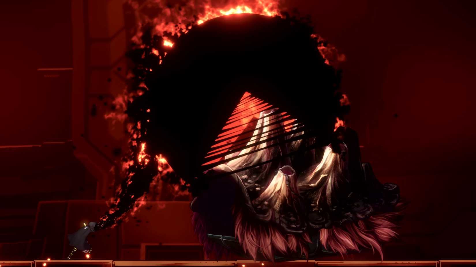 یک شکل سایه‌وار شبیه پک‌من آماده خوردن یک هیولای غول‌پیکر می‌شود