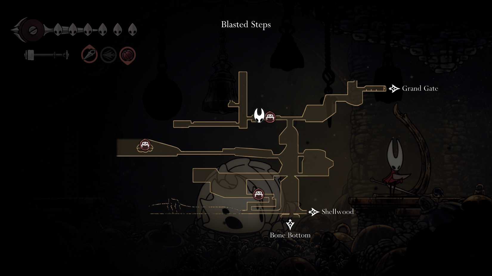 نقشه‌ای که نیمکت و ایستگاه بل‌وی را در ابتدای مسیر بازگشت آخرین قاضی در Silksong نشان می‌دهد