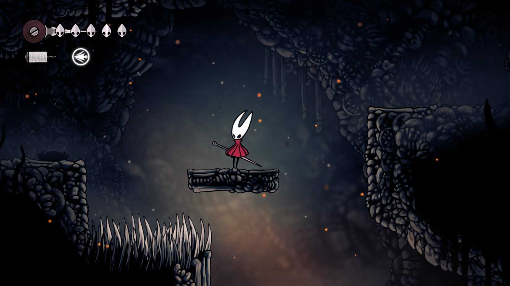 هورنت بر روی یک لبه در The Marrow ایستاده و به دنبال نقشه Silksong می‌گردد