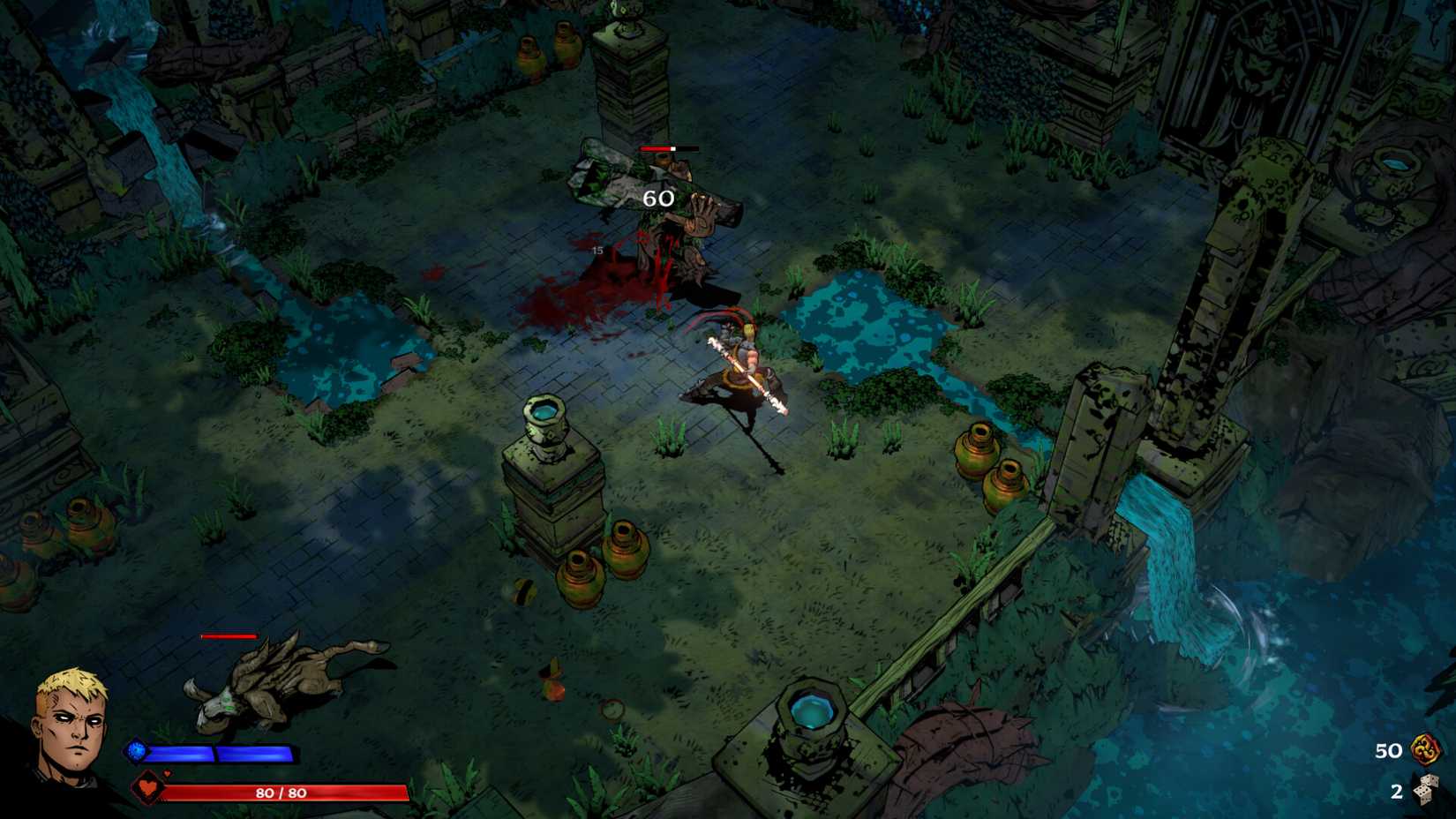 یک شخصیت در حال مبارزه با دشمن در بازی روگ‌لایک Sworn.