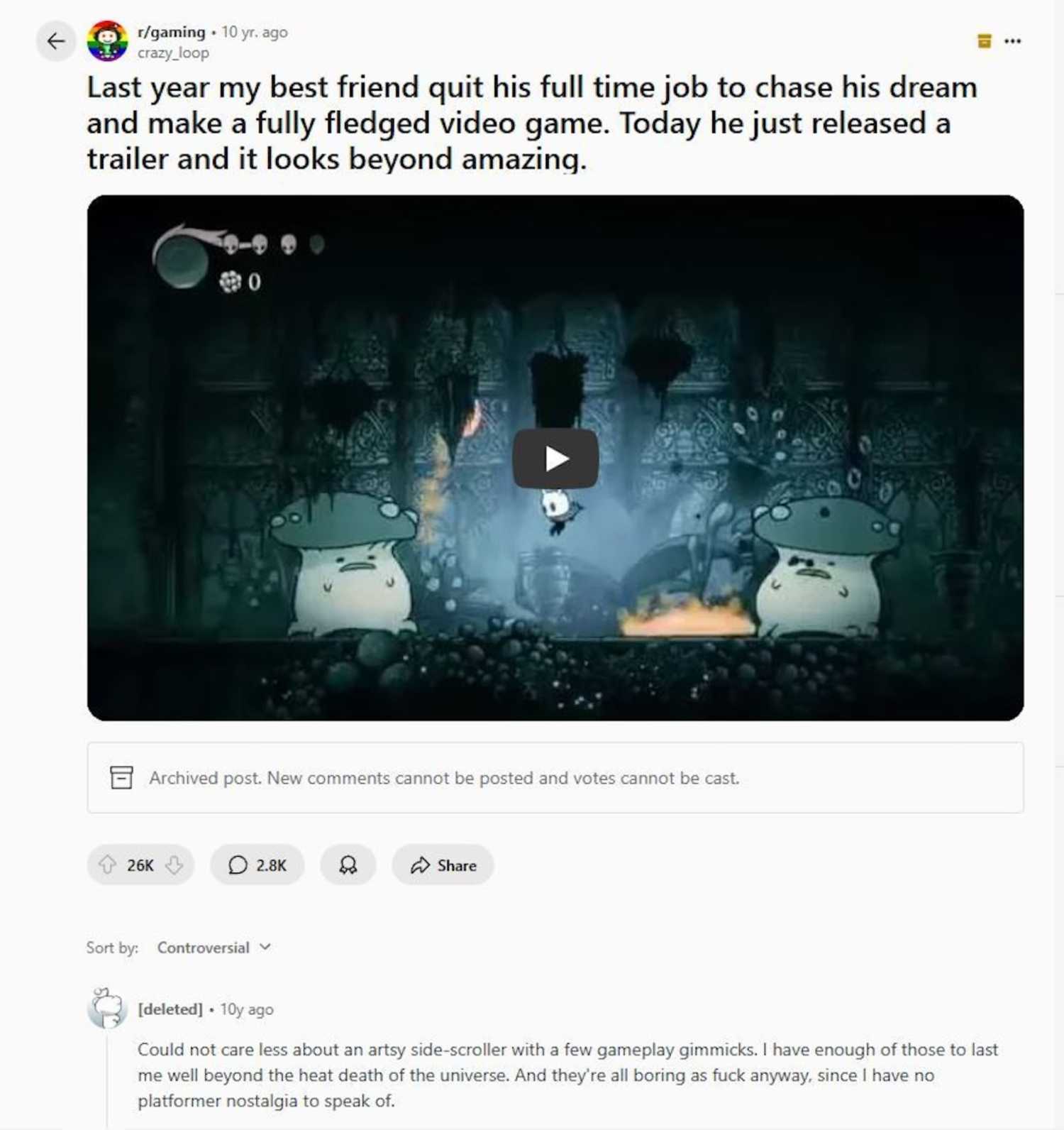 یک موضوع در Reddit نشان‌دهنده شکاکان Hollow Knight از سال ۲۰۱۵