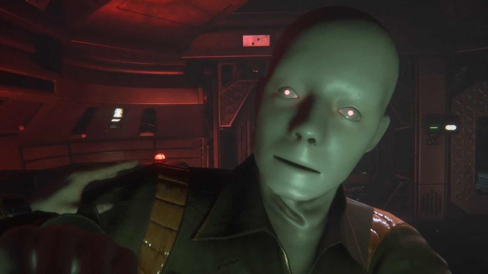 یک مصنوعی با پوست لاستیکی و رنگ پریده به نام Working Joe با مردمک‌های قرمز درخشان به دوربین نگاه می‌کند.