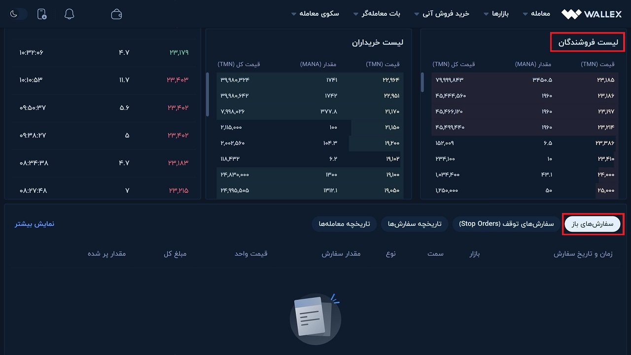 وضعیت سفارش فروش MANA