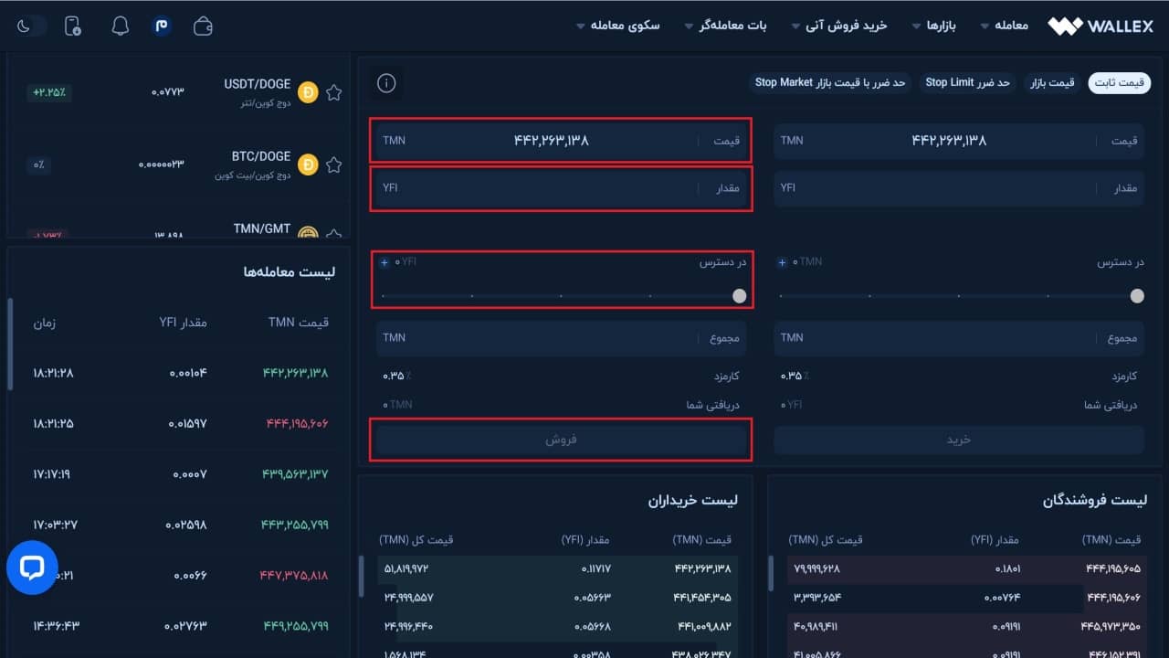 اطلاعات مورد نیاز برای فروش YFI